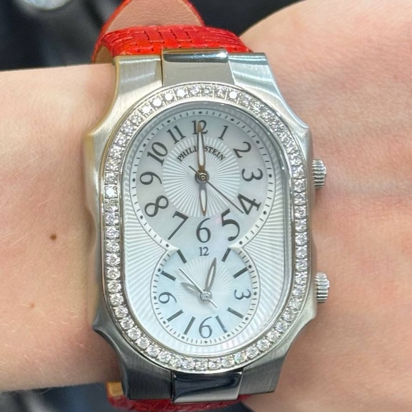 philip stein signature watch MOP dial diamond bezel red wicker strap main image 9